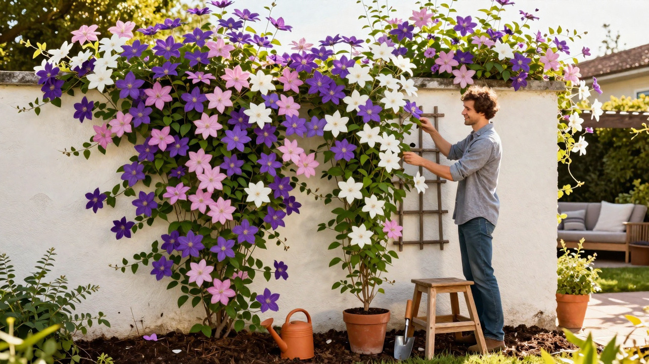 Man tending to large purple, pink, and white flowering clematis plants climbing a white garden wall.