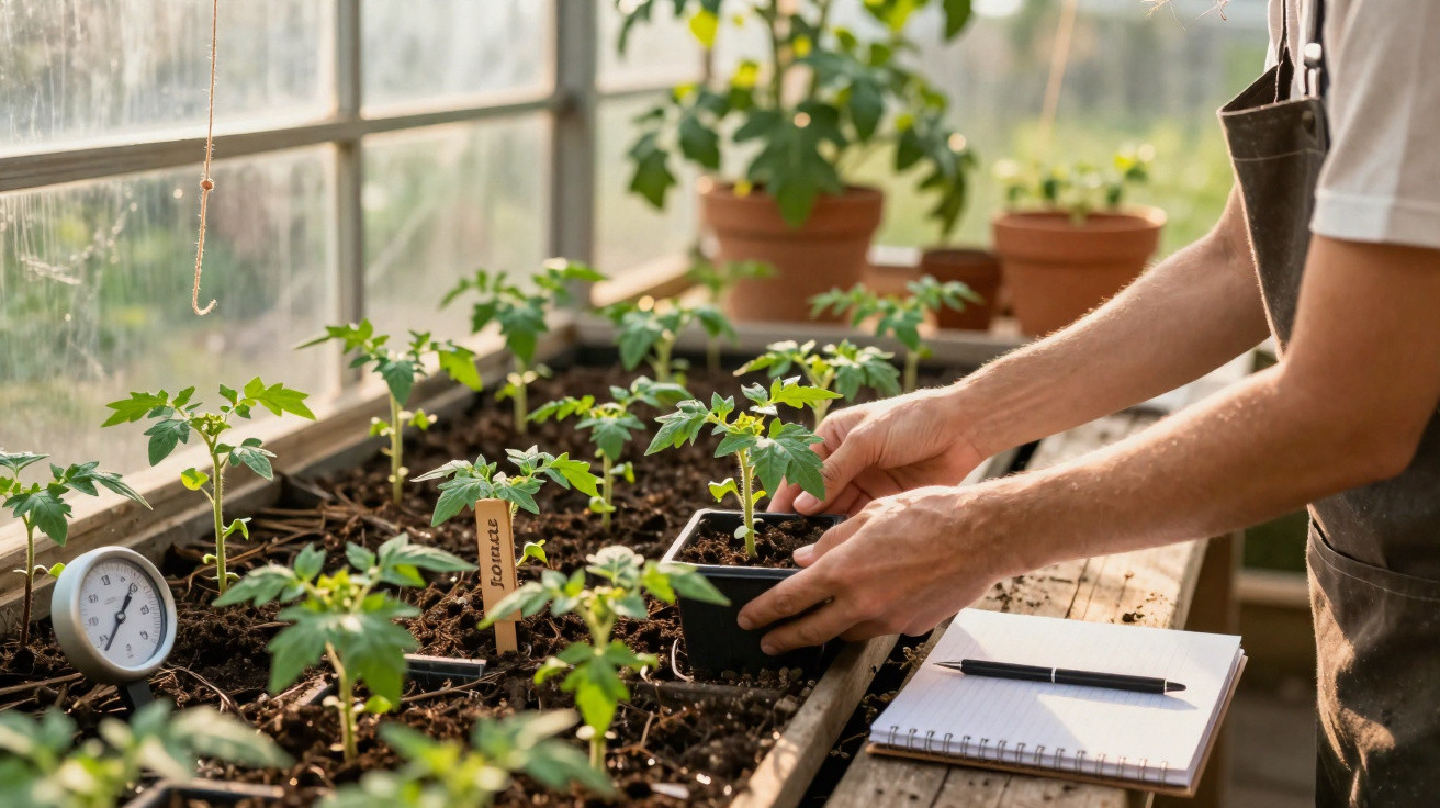 Person transplanting tomato seedlings in a greenhouse with a notebook and thermometer nearby.