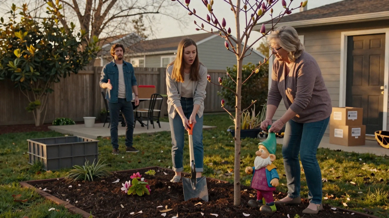 Three people gardening around a newly planted tree with a garden gnome in a backyard on a sunny day.