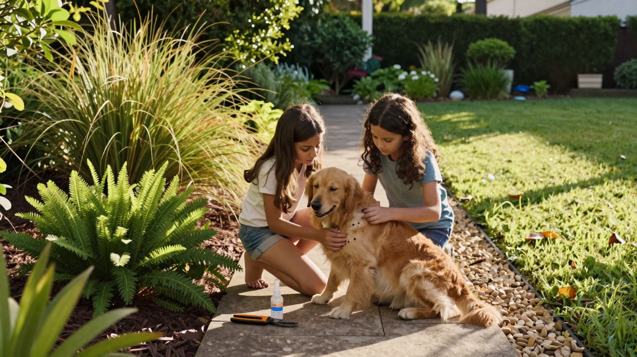 Two girls caring for a golden retriever outside in a sunny garden next to plants and grass.