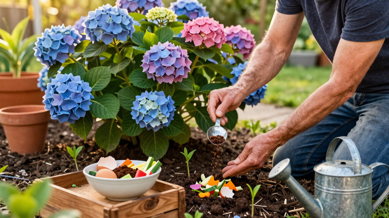 Person spreading organic compost on soil near vibrant pink and blue hydrangea flowers in a garden.