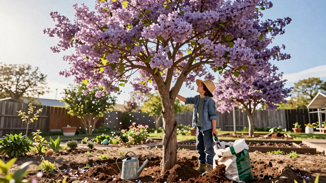 Child wearing a hat gardening under a blooming lilac tree in a sunny backyard with gardening tools nearby