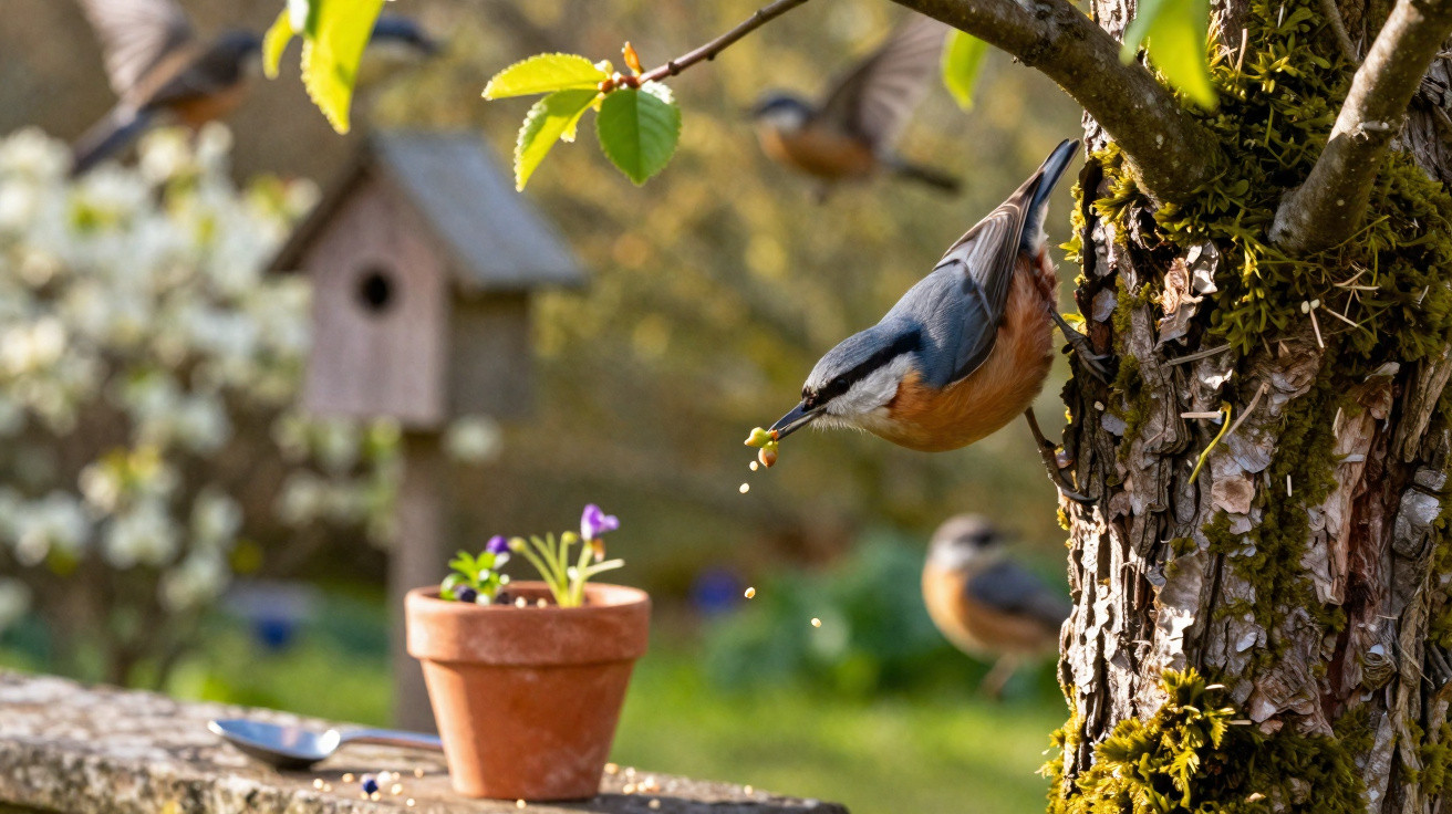 Nuthatch bird clinging to tree trunk eating seeds with a birdhouse and potted flowers in the background.