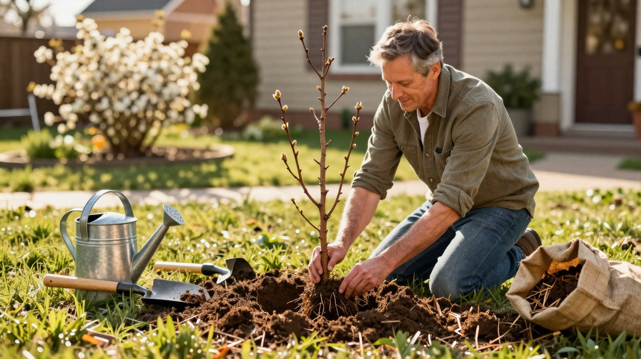Middle-aged man planting a young tree in a garden with gardening tools and watering can nearby.