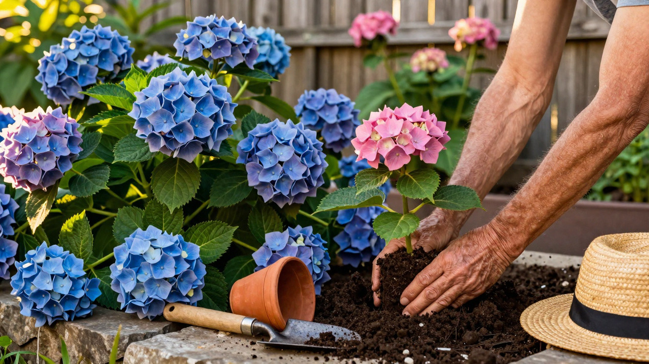 Hands planting a pink hydrangea among blue hydrangeas in a garden bed with a trowel and straw hat nearby.