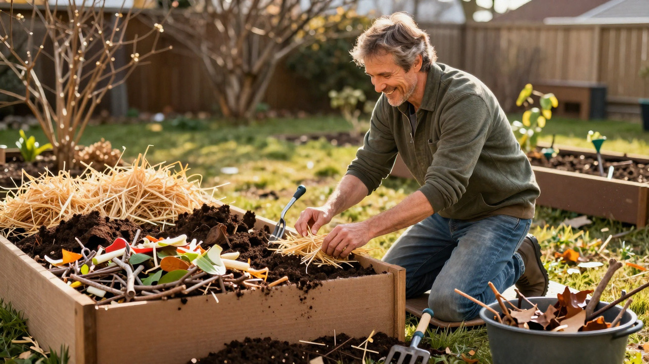 Man kneeling by a raised garden bed, adding straw mulch to soil in a sunny backyard garden.
