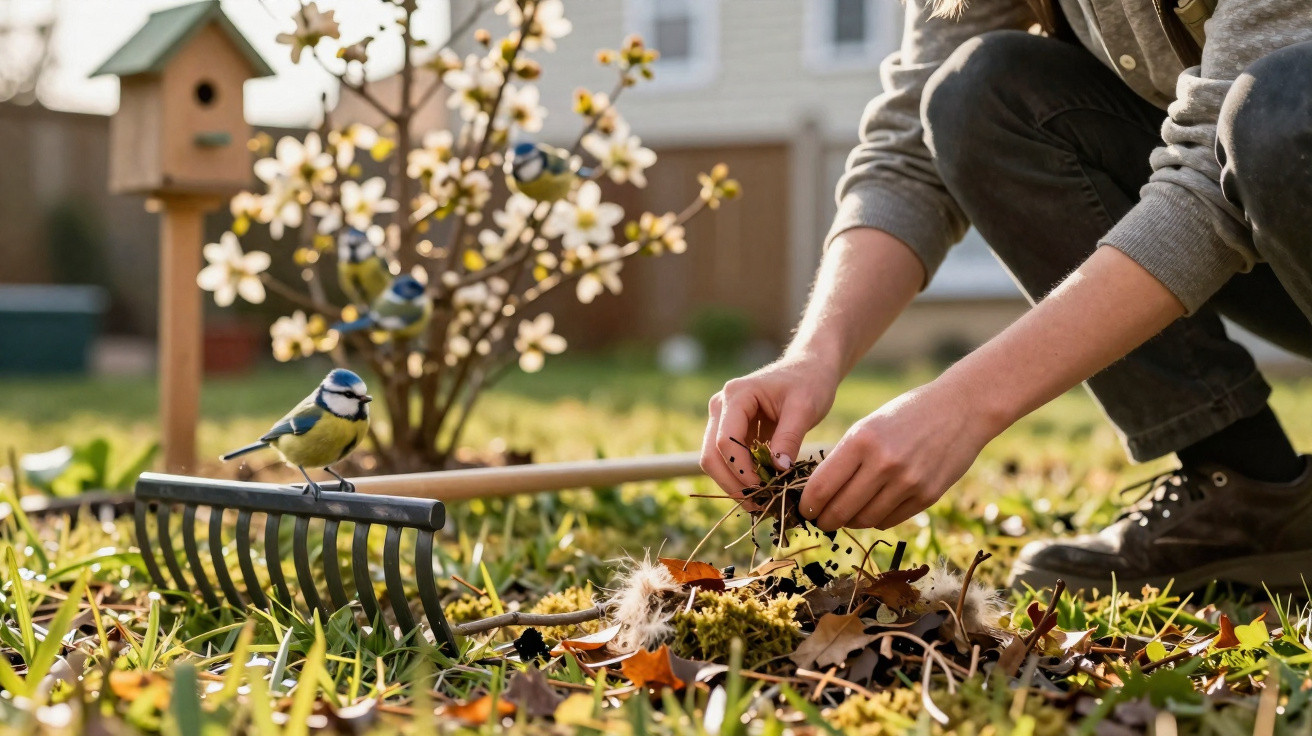 Person raking and gathering leaves in garden with blue tits perched on rake and branch nearby