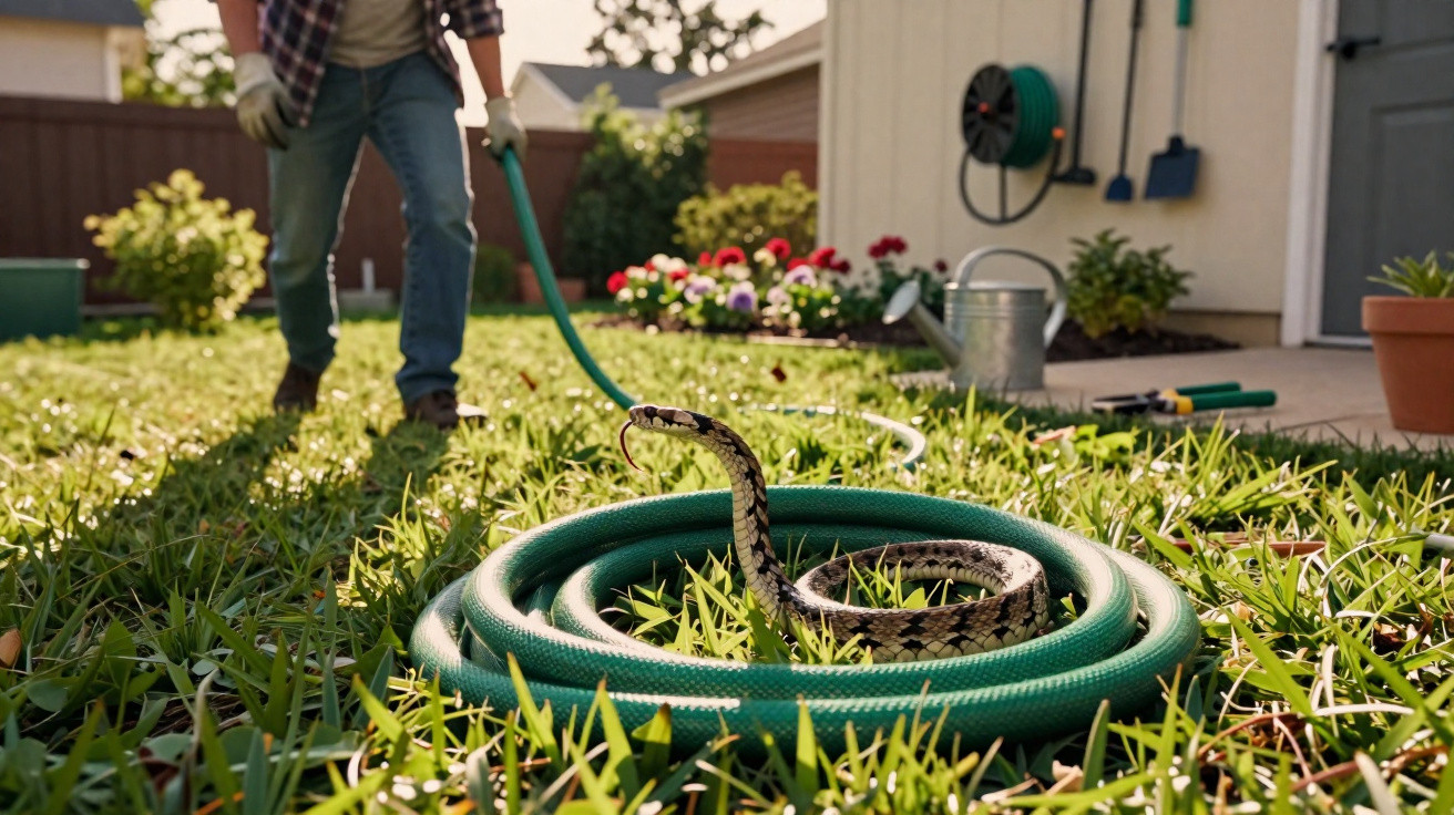 Snake coiled inside a green garden hose on grass with a person standing in the background holding the hose.