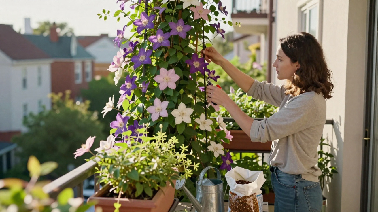Woman tending to purple and white flowering plants on a sunlit balcony in a residential area