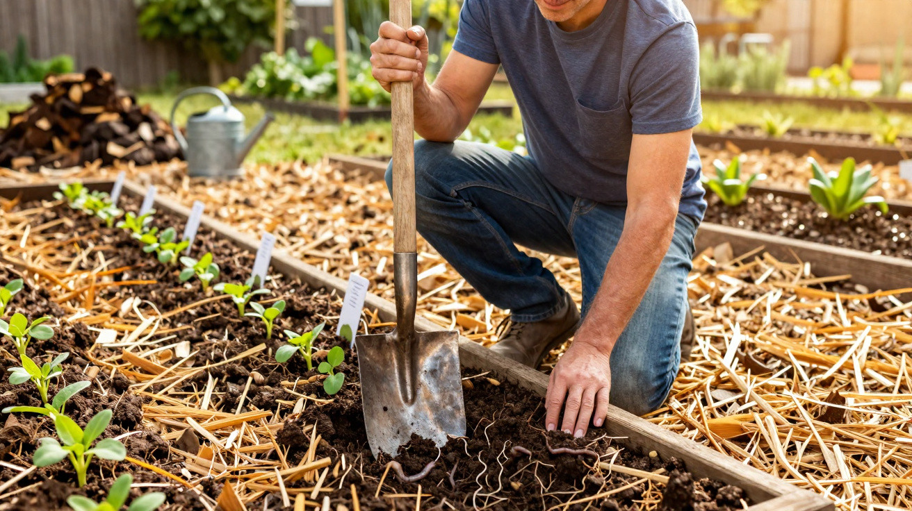Man kneeling in a garden bed, using a spade to dig soil beside young plant seedlings and labelled markers.