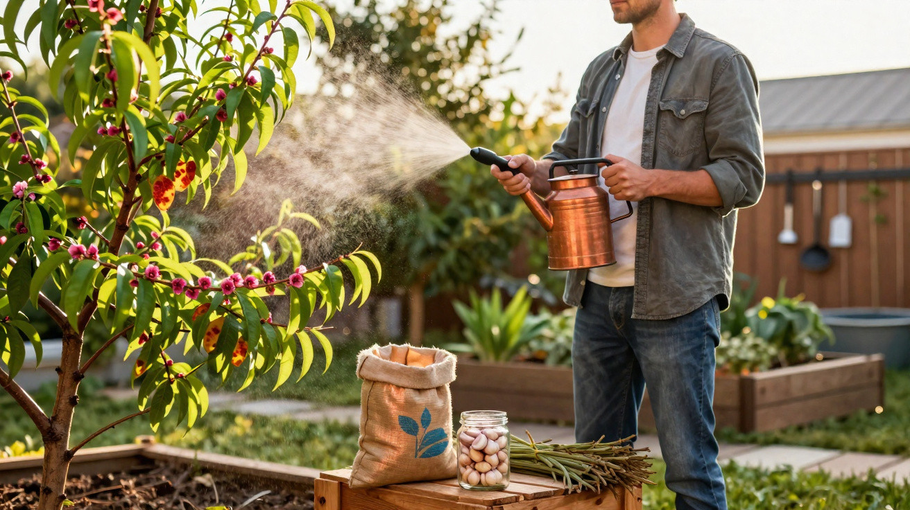Man watering fruit tree with copper watering can in a sunny garden with gardening supplies nearby