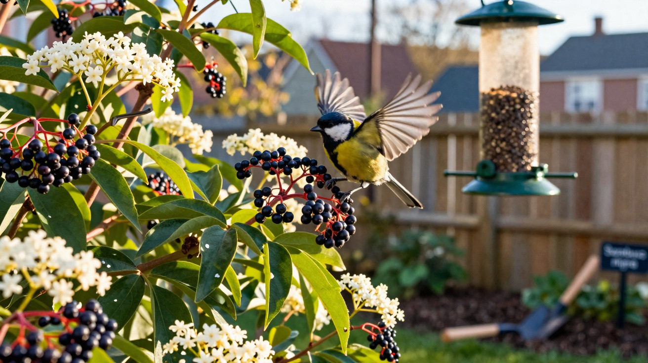 Great tit bird in flight approaching elderberry bush with black berries near a garden bird feeder.