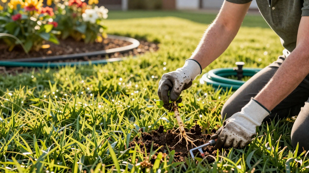 Person wearing gloves removing a weed with roots from a garden bed surrounded by green plants.