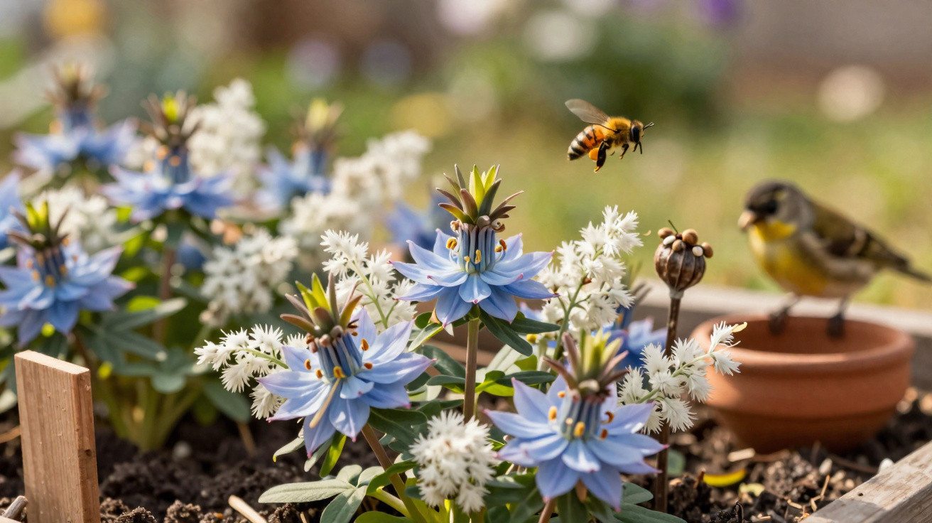 Bee in flight near blue and white flowers in a garden bed with a small bird on a pot in the background.