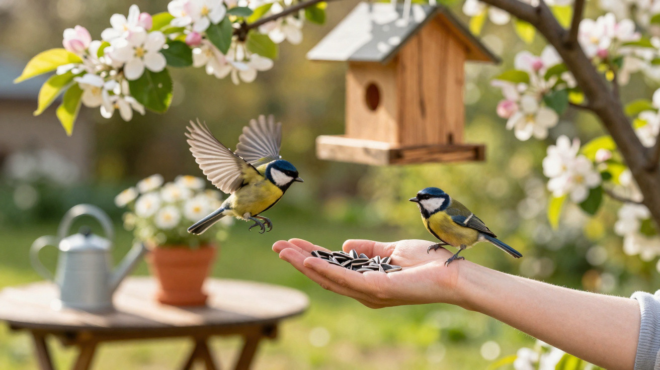 Two blue tits near a hand offering sunflower seeds beside a wooden birdhouse and blooming tree branches.