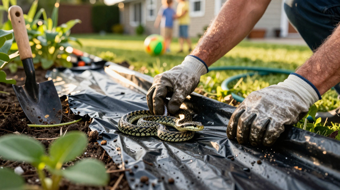 Person wearing gloves handling a small snake on garden soil with a trowel and plants nearby.