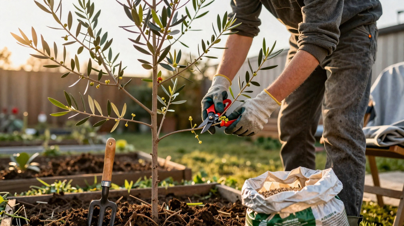 Person wearing gloves pruning an olive tree in a garden during golden hour with gardening tools nearby.