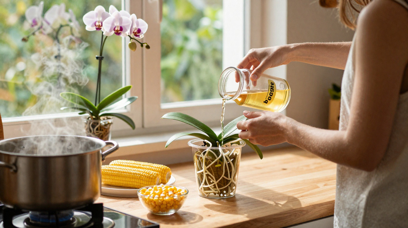 Person watering an orchid plant on a kitchen counter next to steaming pot and fresh corn.