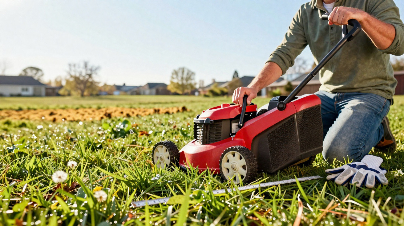 Person kneeling on grass adjusting a red lawn mower on a sunny day with gardening gloves nearby.