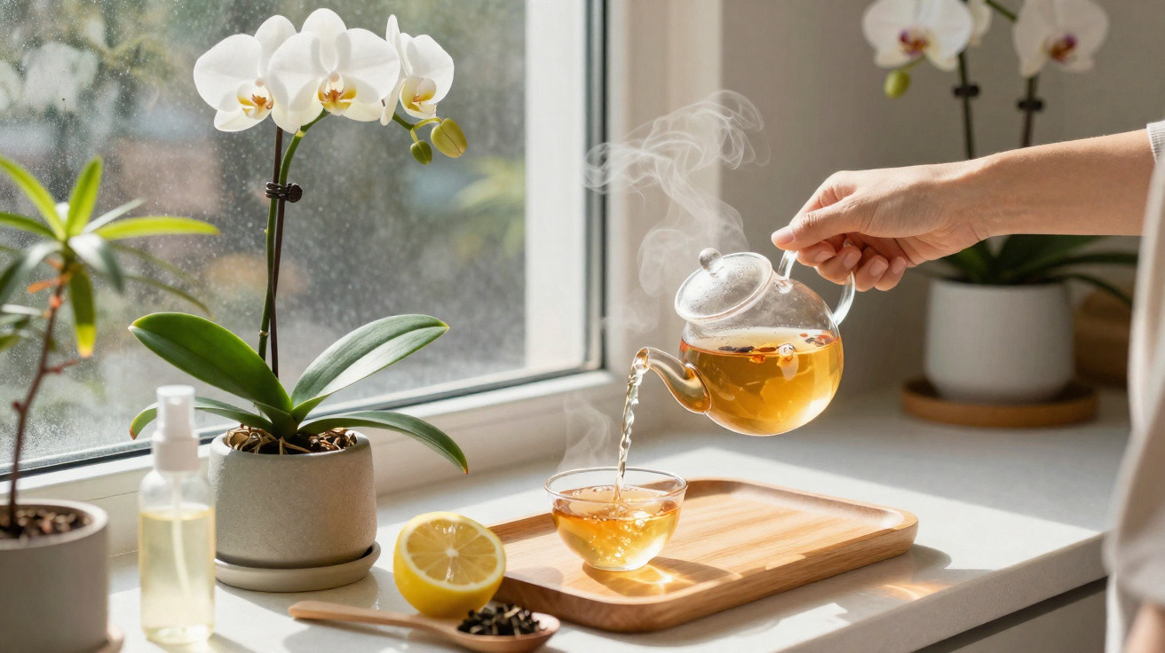 Hand pouring steaming tea from glass teapot into cup on wooden tray next to lemon and orchid by window.