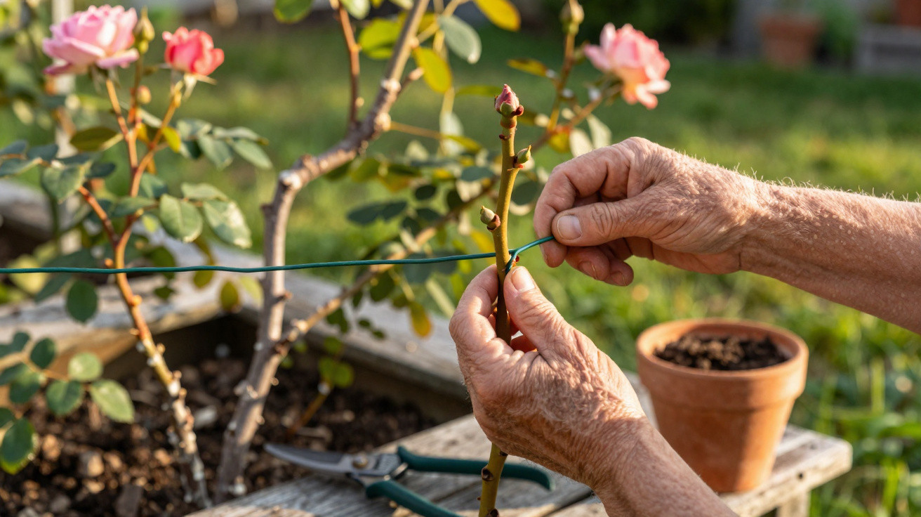 Elderly hands tying a rose stem to a support wire in a garden with pruning shears nearby.