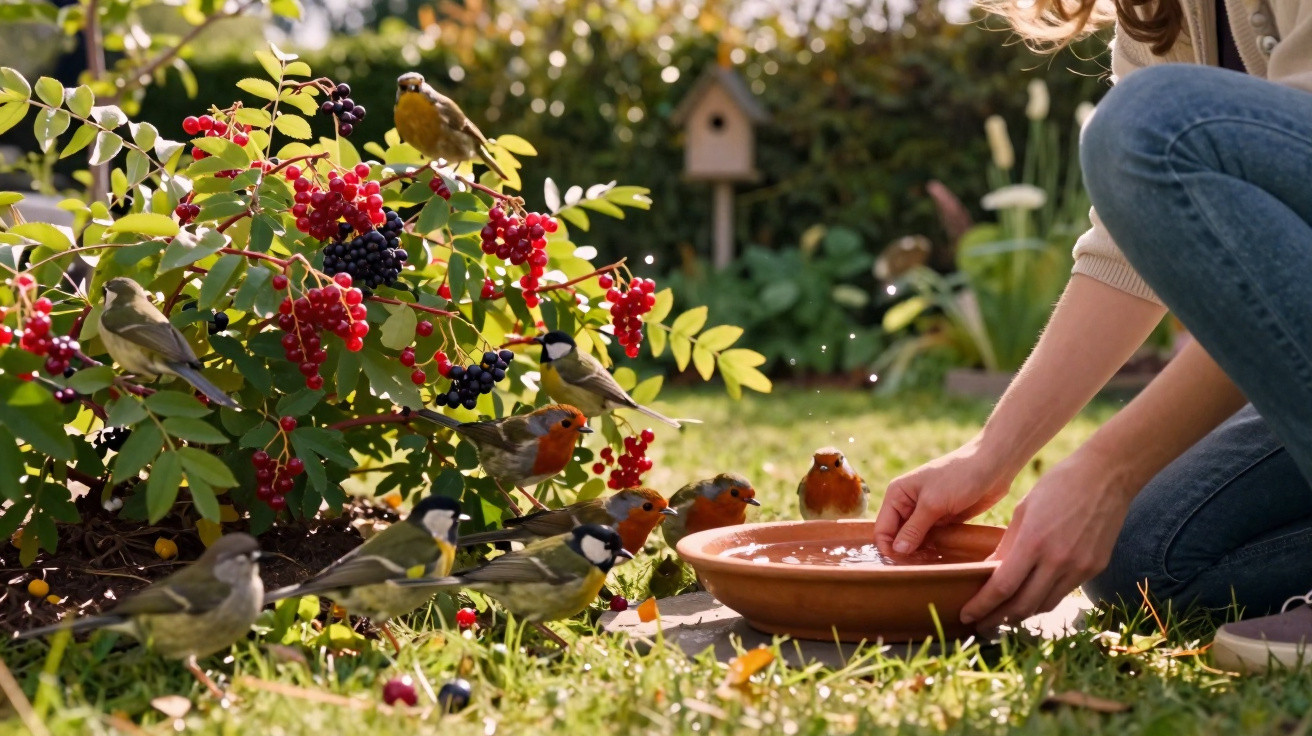 Person feeding a group of small birds beside a bush with red and black berries in a sunny garden.