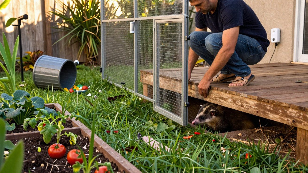 Man crouching on porch feeding a possum emerging from under wooden deck in a garden with raised vegetable beds.
