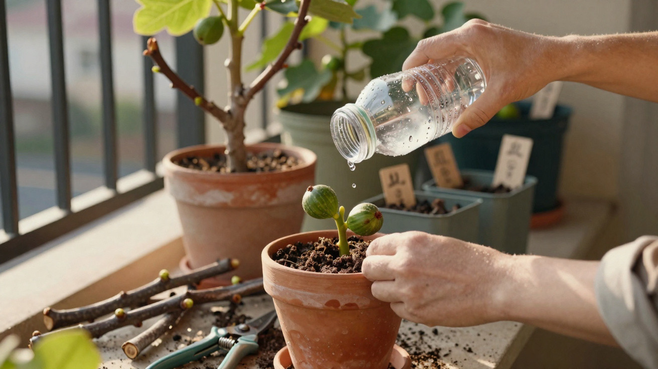 Hands watering a small potted plant on a balcony with gardening tools and other pots nearby.