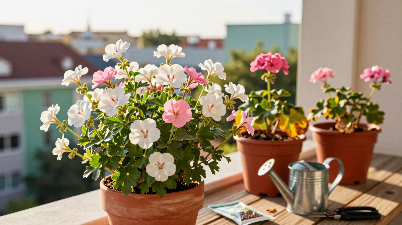 Potted pink and white geraniums on a balcony table with a watering can and gardening tools in sunlight.
