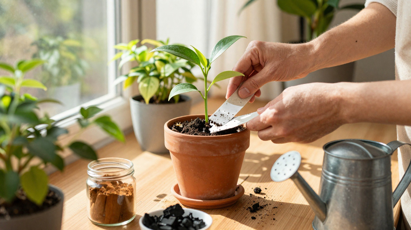 Hands using small gardening tools to plant a seedling in a terracotta pot on a windowsill.