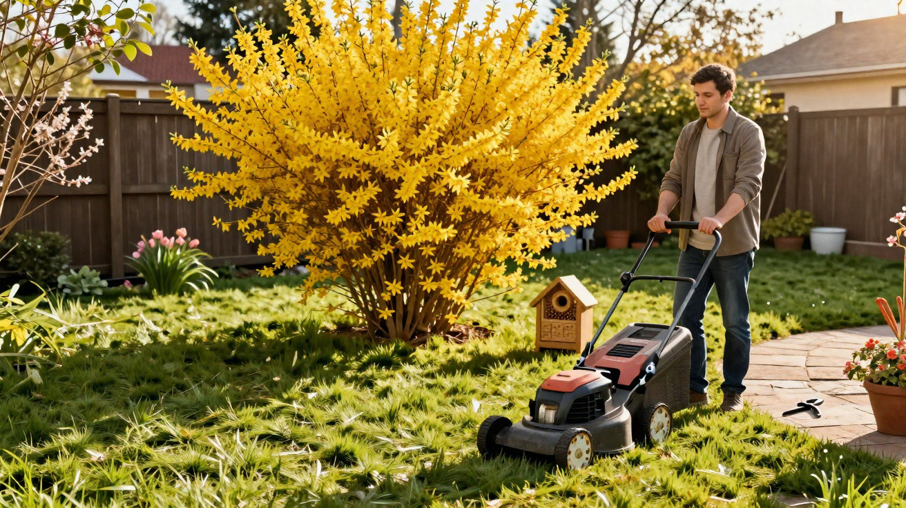 Man mowing overgrown grass in a sunny garden with a large yellow flowering bush and wooden fence.