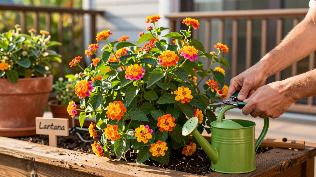 Person pruning vibrant orange and pink lantana flowers in a wooden planter with a green watering can nearby.