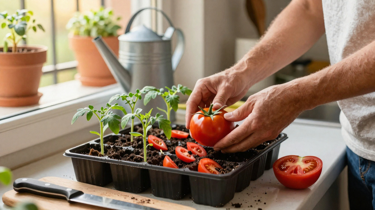 Hands planting fresh tomato seedlings in a tray beside a sliced tomato on a kitchen table near a window.