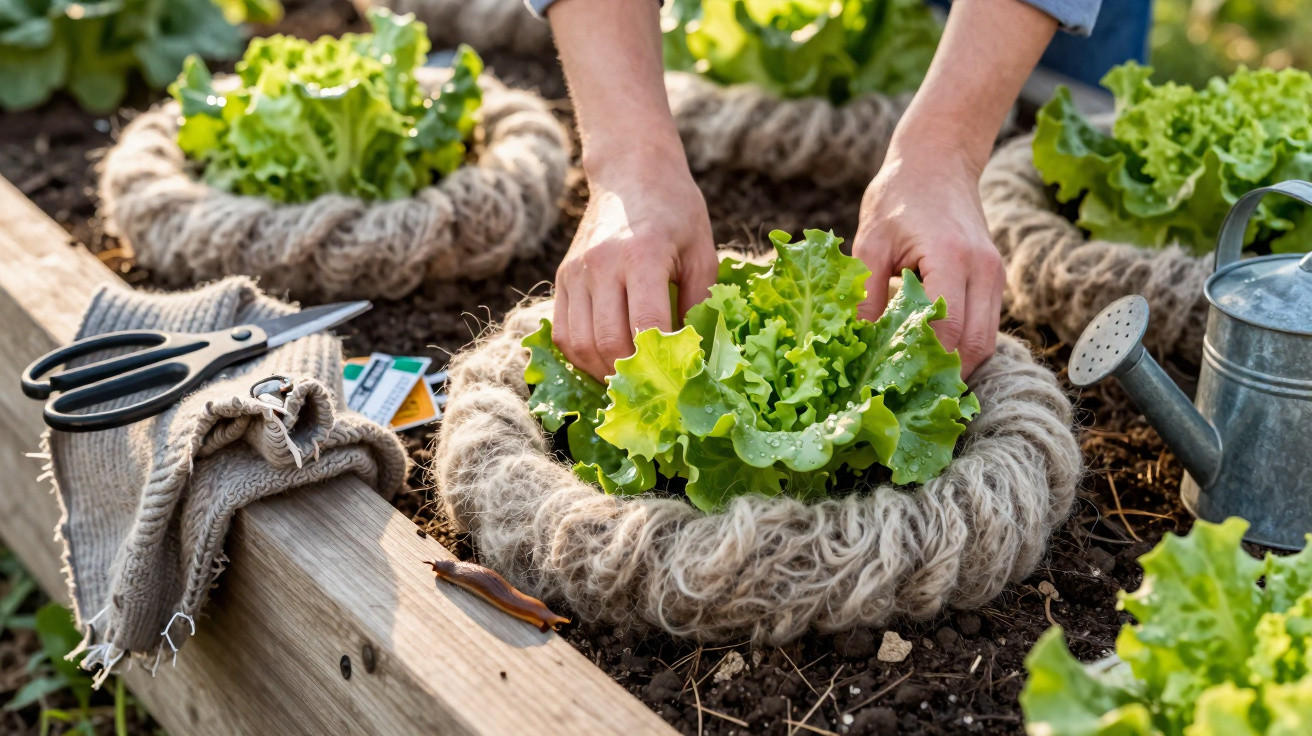 Hands tending to lettuce plants wrapped in protective wool in a raised garden bed with gardening tools nearby.