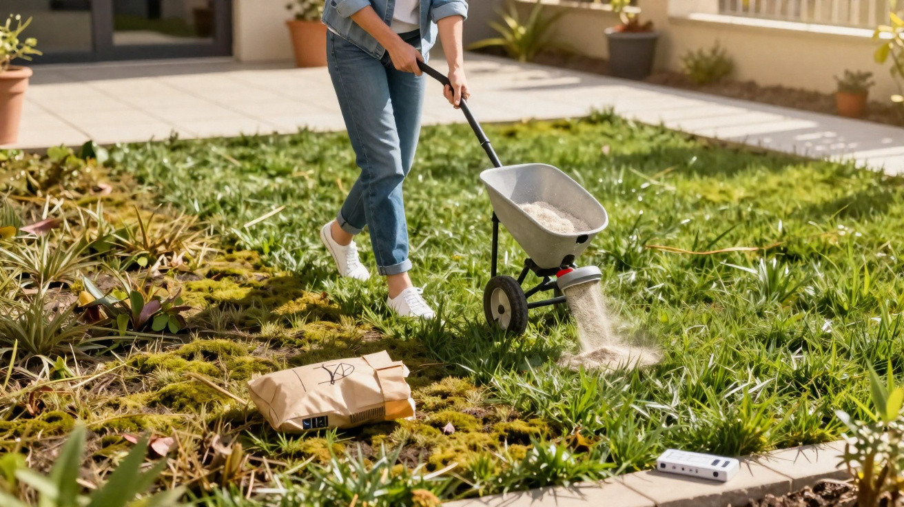 Person spreading fertiliser on a patchy lawn using a garden spreader in a sunny backyard.