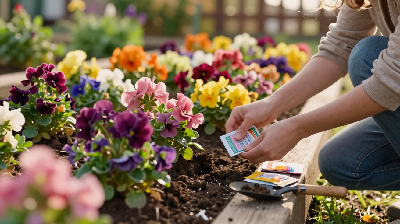 Person planting seeds in a raised garden bed with colourful pansy flowers in bright sunlight.