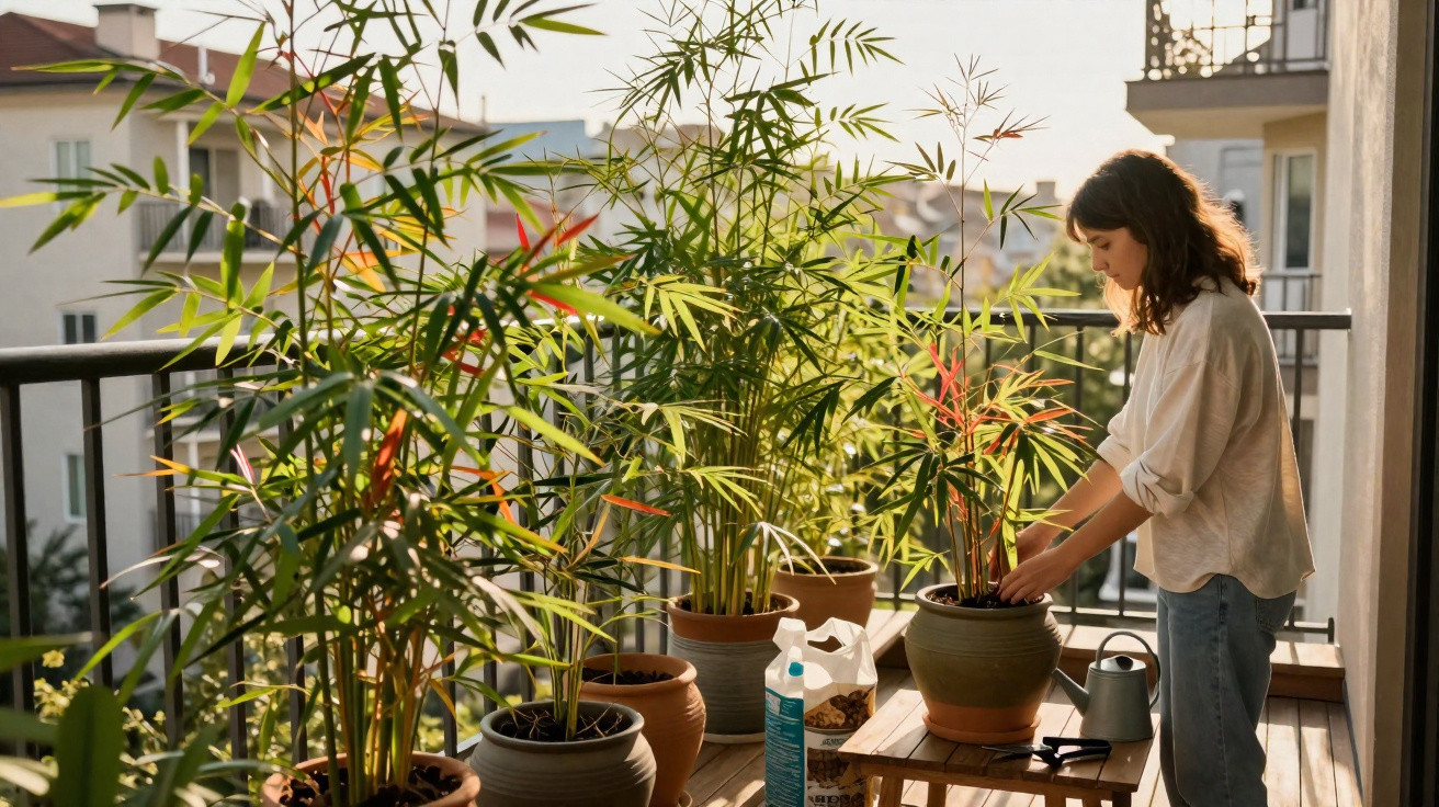 Woman tending to potted bamboo plants on a sunny urban balcony with residential buildings in the background.