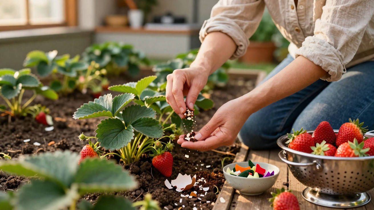 Person fertilising strawberry plants in a garden with a bowl of freshly picked strawberries nearby