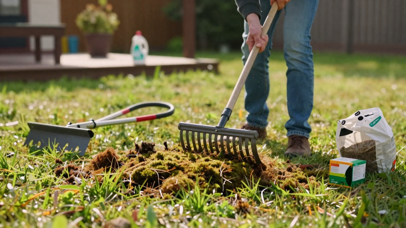Person using a garden rake to till soil in a grassy backyard with gardening tools and supplies nearby.
