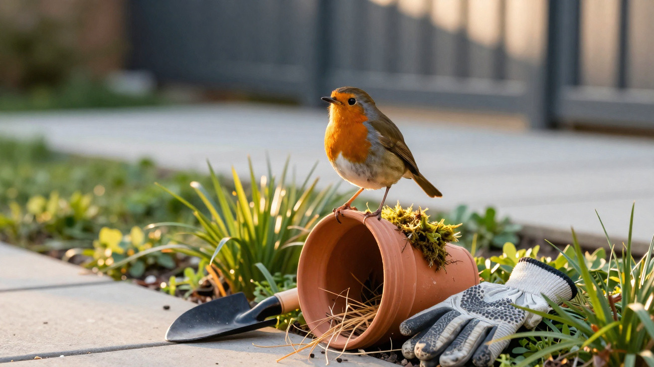 Robin perched on an overturned terracotta pot beside gardening gloves and a small spade in a garden bed.