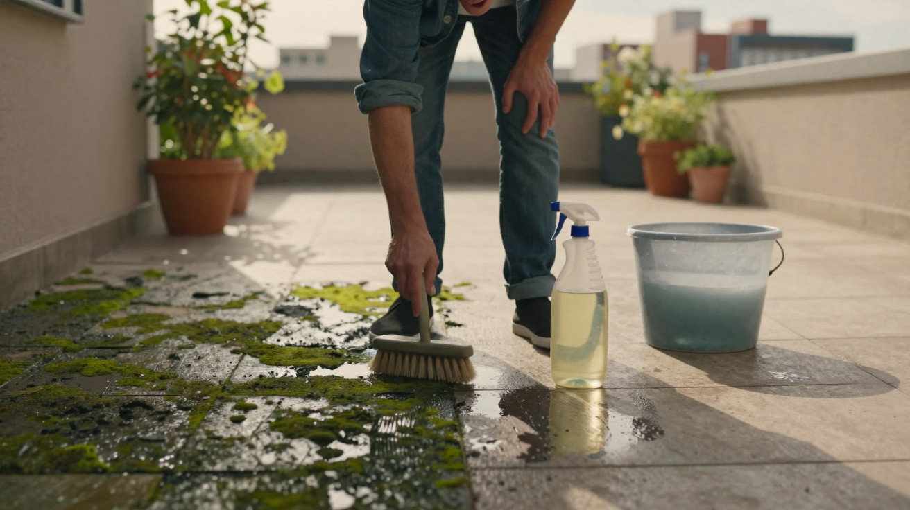 Person scrubbing moss off tiled balcony floor with brush, spray bottle, and bucket of soapy water nearby.