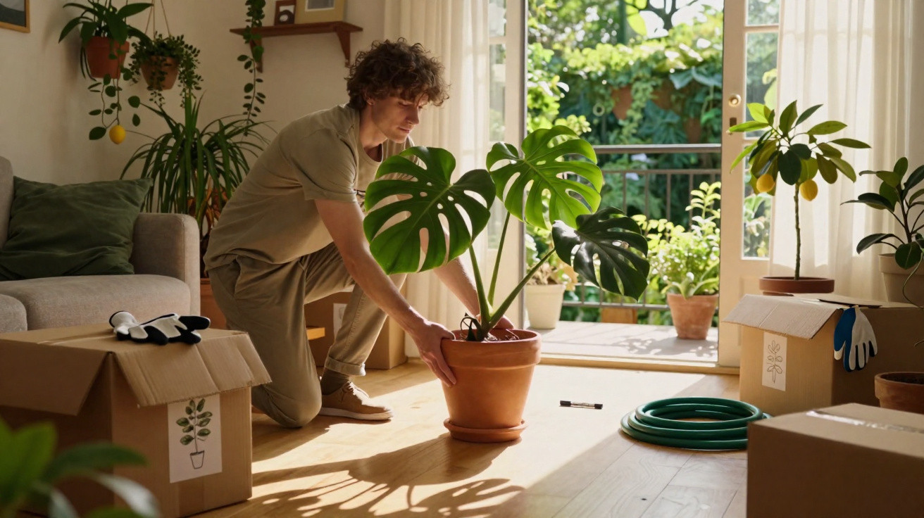 Person arranging a large potted plant in a sunlit room with open doors leading to a garden.