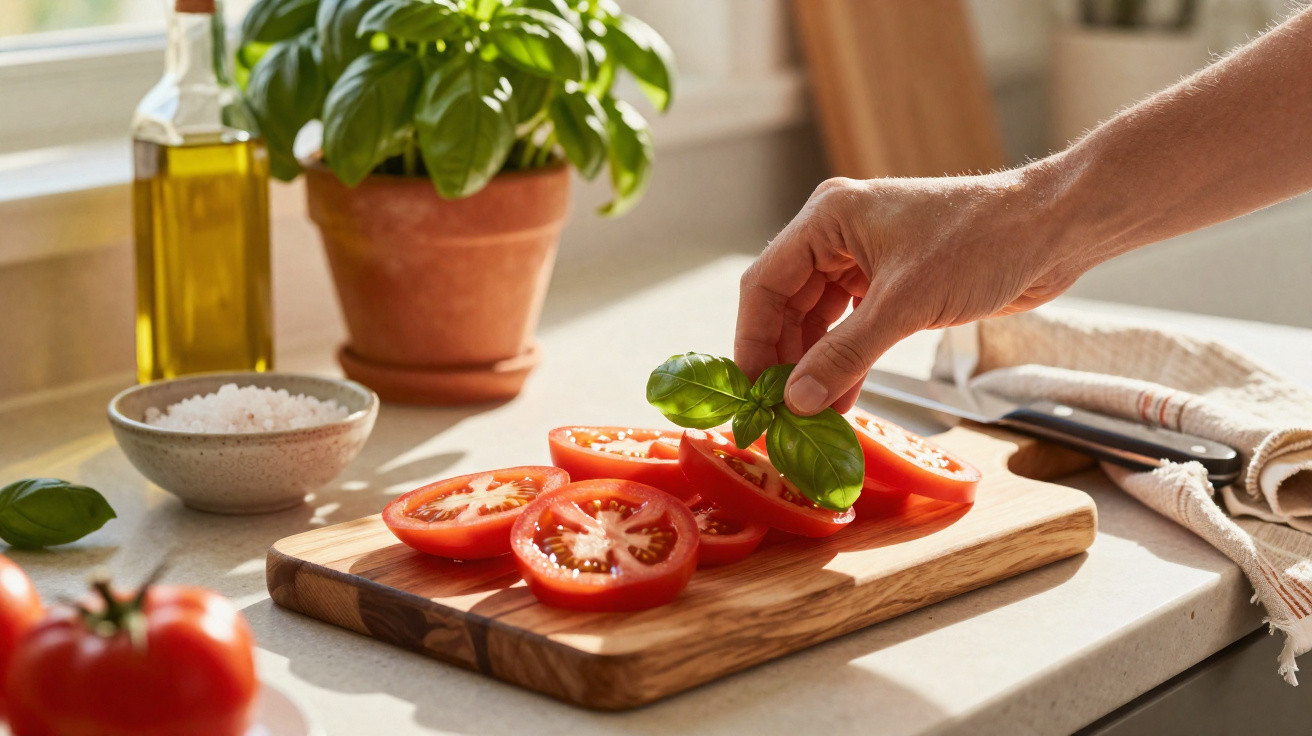 Hand placing fresh basil leaves on sliced tomatoes on a wooden chopping board in a bright kitchen.