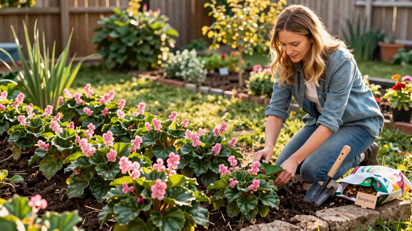 Woman gardening pink begonia flowers in a sunny backyard with gardening tools and soil bag nearby.
