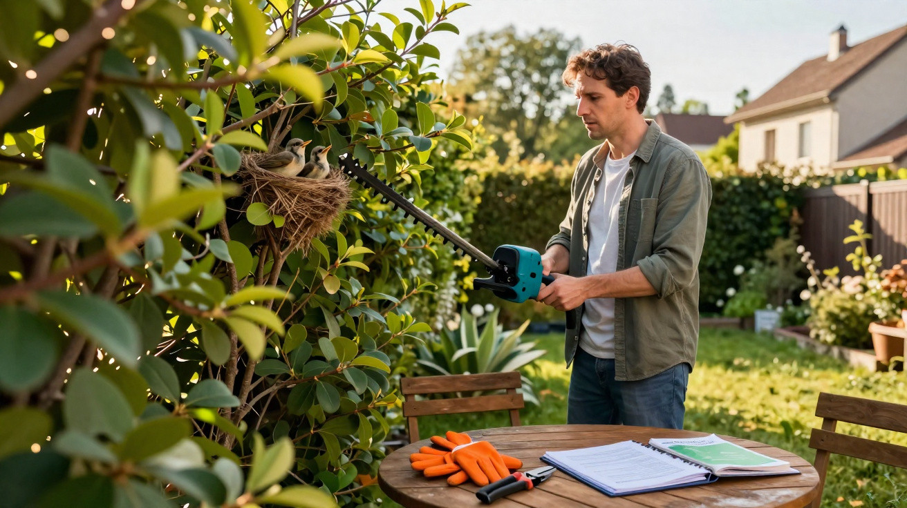 Man using a leaf blower to gently remove birds from their nest on a leafy bush in a garden.
