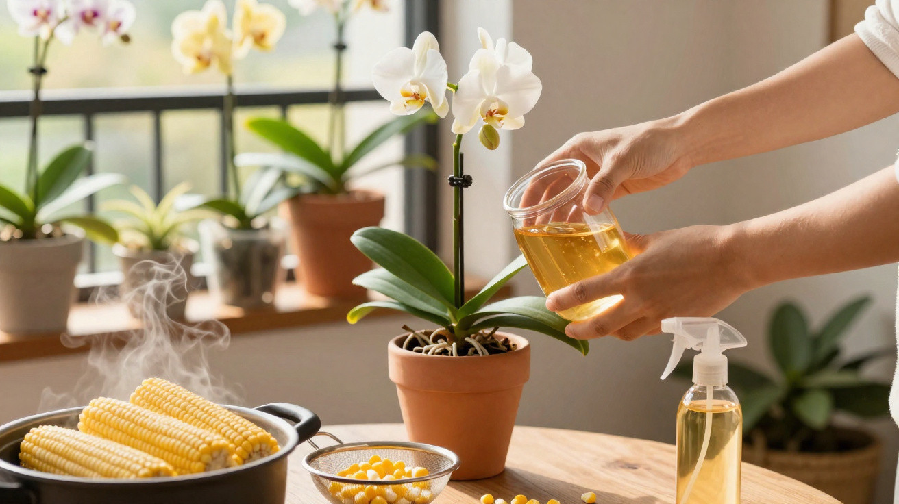 Person holding a glass jar of liquid near a potted white orchid indoors with steaming corn on the cob nearby.