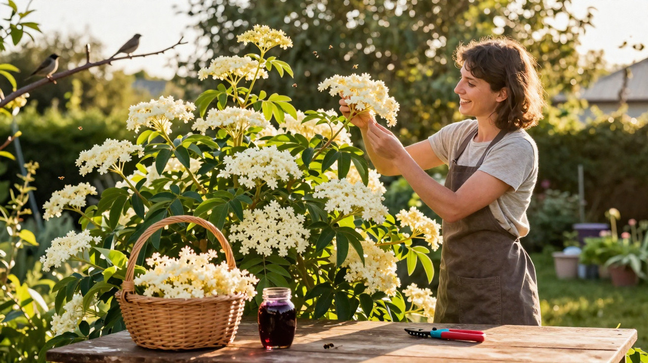 Woman in apron harvesting elderflowers in a garden with a basket and jar on a wooden table.