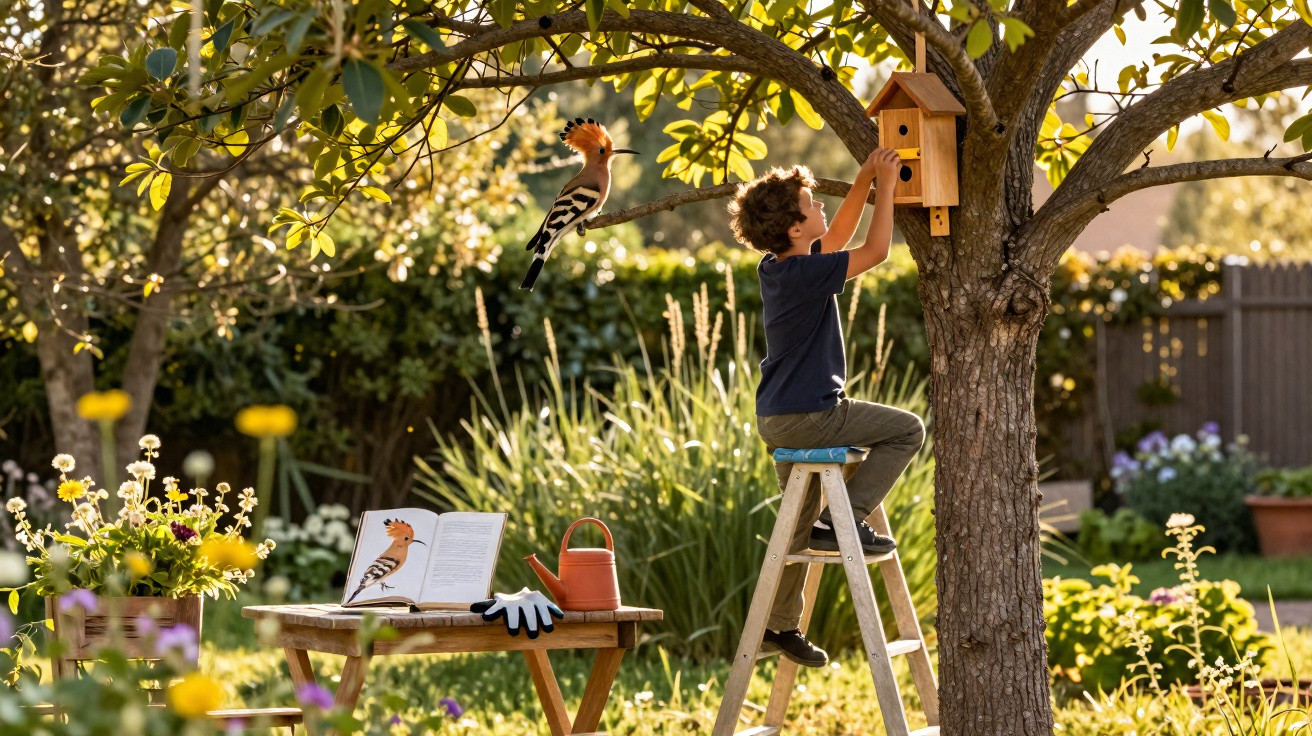 Child on ladder hanging a birdhouse in tree with a hoopoe bird flying nearby in sunlit garden.