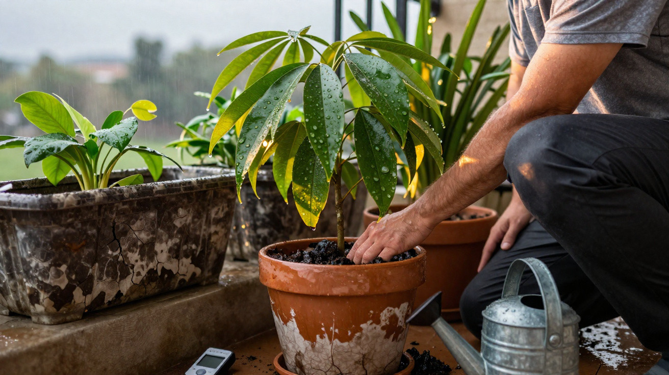 Person gardening indoors, potting plant in terracotta pot with watering can and soil on patio floor.