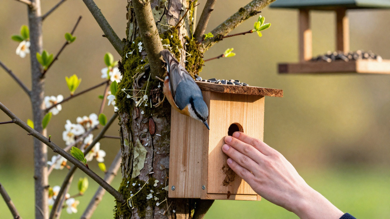 A person’s hand feeding a nuthatch perched on a wooden birdhouse attached to a blossoming tree.